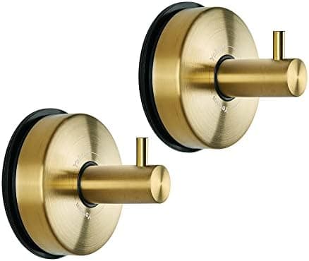 YOHOM Suction Cup Hooks for Shower Towel Holder Stainless Steel Vacuum Bathroom Shower Hook Suction Washcloth Hanger Kitchen Towel Rack for Robe Loofah Wreath Glass Door Window Wall Brushed Gold 2Pcs