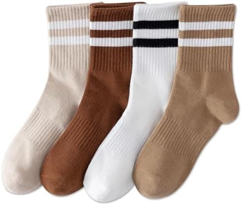 YUWELL Womens Striped Crew Socks, Cotton Cozy Casual Socks for Women 4 Pairs, Size 5-10