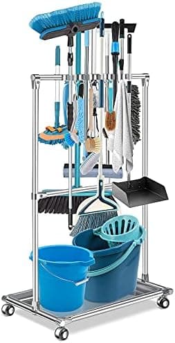 Broom Holder Organizer Movable Closet Storage Cabinet Mop Rack Floor Standing Cleaning Supplies Tool Cart For Garden Garage Schools Hotels Hospitals Factories Property Companies Restaurant (10 Racks)