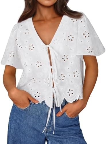 Trendy Queen Womens Summer Tops Cute Boho Blouses Beach Vacation Spring Outfits 2026 Tie Front Eyelet Embroidered Clothes