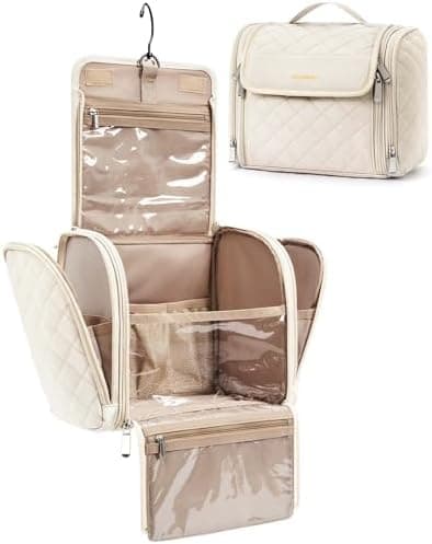 BAGSMART Toiletry Bag Travel Makeup Bag with Hanging Hook, Cosmetic Bag Make Organizer Case, Large Capacity Water-resistant Organizer for Toiletries Accessories Brushes Sponge, Beige