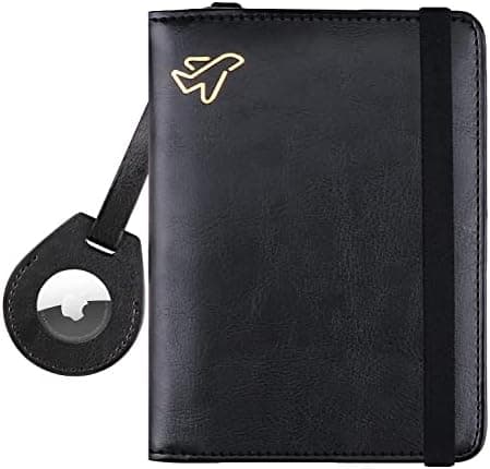 WALNEW AirTag Passport Holder, PU Leather Airtag Wallet RFID Blocking Passport Cover Travel Essentials Case for Women Men (Black)