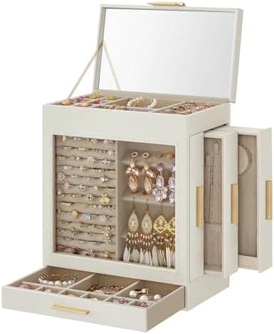 SONGMICS Jewelry Box with Glass Window, 5-Layer Jewelry Organizer with 3 Side Drawers, Jewelry Storage, with Big Mirror, Modern, 6.1 x 10.3 x 12.6 Inches, Cloud White and Metallic Gold UJBC162W01