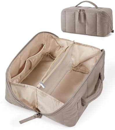 BAGSMART Travel Makeup Bag for Women, Portable Water-resistant Cosmetic Case, Puffy Padded Make Up Organizer Pouch, Open Flat Toiletry Bag for Toiletries, Brushes, Brown