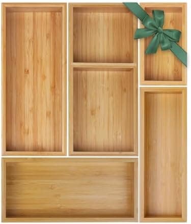 Bamboo Drawer Organizer Set, 5 PCS Multi-Use Individual Wood Storage Organizers, Junk Drawer Divider and Storage Trays Containers for Kitchen, Bathroom, Office Desk, Makeup, Jewelry, Utensils