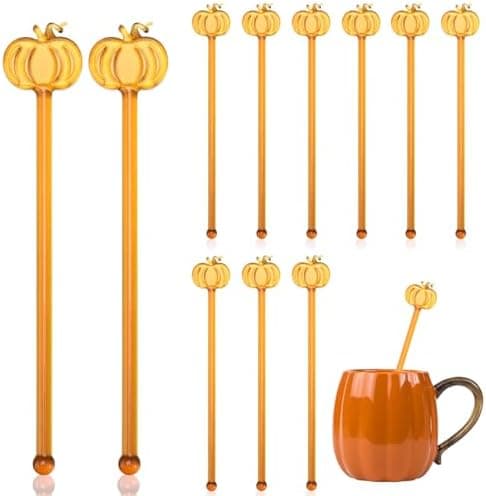 SiliFine 12 Pcs Pumpkin Glass Drink Stirrers 7 Inch Fall Swizzle Sticks 3D Fall Coffee and Cocktail Stirrers Thanksgiving Drink Stir Sticks for Autumn Party Tea Coffee Bar Favors