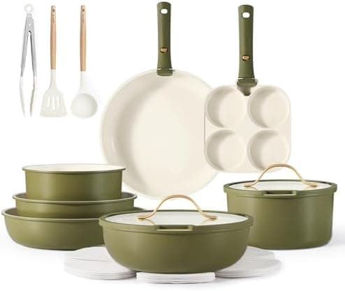 CAROTE 19pcs Pots and Pans Set, Nonstick Cookware Set Detachable Handle, Induction Kitchen Cookware Sets Non Stick with Removable Handle, RV Cookware Set, Gold and Green