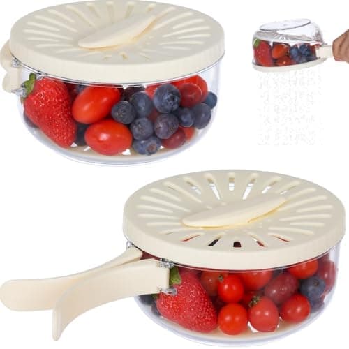 2 PCS Multifunctional Fruit Washing Bowls, Fruit Strainer Veggie Colander with Foldable Handles, Fruit Strainer and Storage Bowl with Lid, Food Storage Container for Fridge Outdoor Picnic