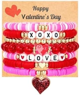 Pingyongchang Love Bracelets for Women Heishi Surfer Pink Clay Bead Bracelet Set Love Heart Boho Cute Pink Red Stackable Stretch Jewelry Mother's Day Birthday Mom Mama Gifts