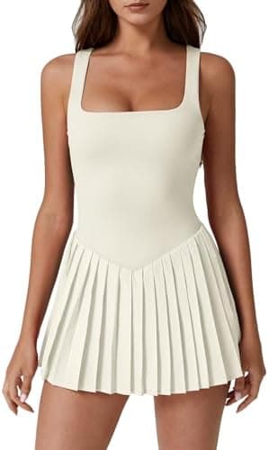 QINSEN Womens Square Neck Tennis Dress Pleated Sleeveless Built in Shorts Golf Athletic Dress with Pockets