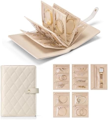VLANDO Travel Jewelry Organizer Case,Valentines Gift,Jewelry Storage Book Ring Binder with Clear Zipper Velvet Jewelry Pouches Bags for Rings,Necklace,Earrings-Cream White