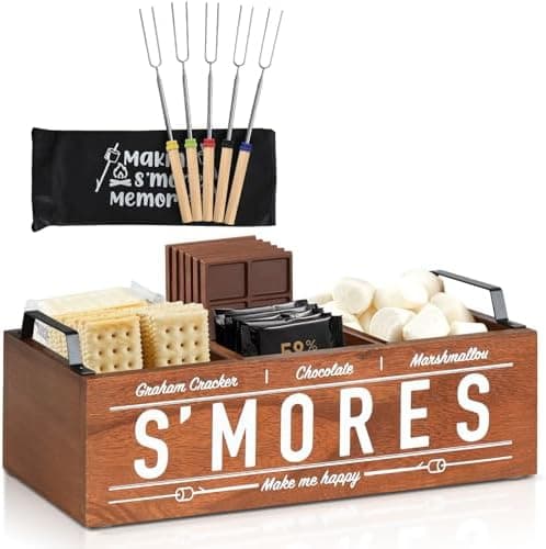 S'Mores Station, Farmhouse Smores Caddy with Handles, Smores Kit for Fire Pit Smores Maker Box, Smores Bar Station with 5Pcs Extendable Marshmallow Roasting Sticks, Camping Essentials Gear Accessories