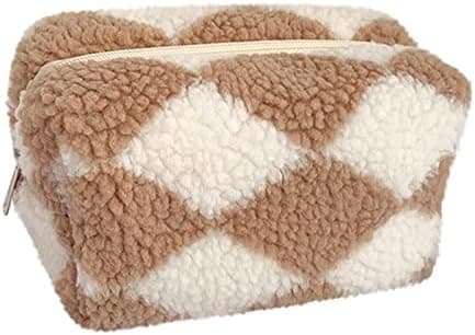 Checkered Makeup Bag, Checkered Plush Cosmetic Bag, Asthetic Plaid Handbags, Cute Zipper Large Travel Toiletry Bag, Soft Storage Pouch Pencil Case Fluffy Fuzzy Makeup Bag for Women Girls (Khaki)