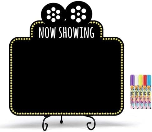 Movie Night Accessories, Now Showing Blackboard Family Movie Theater Decor for Home, Outdoor and Movie Parties, with 1 Chalkboard, 1 Metal Stand and 5 Chalk Markers