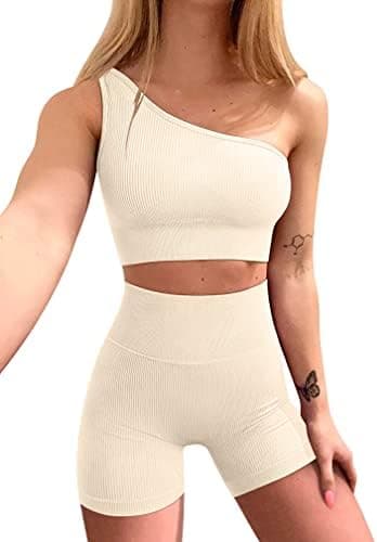 OQQ Workout Outfits for Women 2 Piece Ribbed One Shoulder High Waist Shorts With Sports Bra Exercise Set Beige