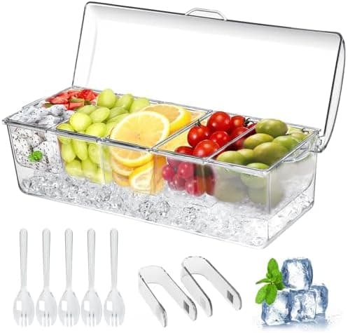 Large Ice Chilled Condiment Caddy，Chilled Condiment Containers Server with Lids for 5 Removable Compartments (2.5 cup)，Serving Platters, Fruit & Garnish Tray for Party Supplies & Bar Accessories