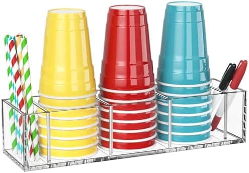 KOTEMON Cup Holder with Marker Slot - Mark Your Cup and Drink Up Countertop Disposable Plastic Cup Organizer Dispenser for Wedding Kitchen Bar Caddy Party Decor Hostess Gifts for Women, Clear Acrylic