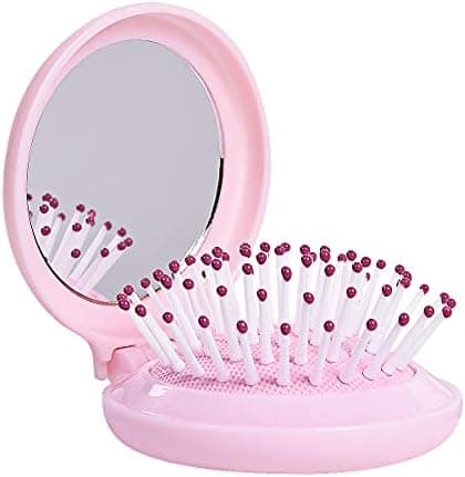 Trikeel Mini Folding Hair Brush with Mirror, Compact Pop up Pocket Brush, Small Travel Size Flip Hair Brush for PurseBackpack,Pink