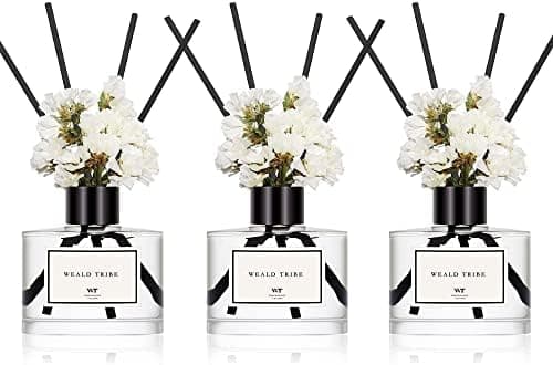 WEALD TRIBE Flower Reed Diffuser Set Of 3(Bamboo,Sage & Sea Salt,Sandalwood Ebony Scent) For Bathroom Accessories Shelf Decor & Air Fresheners, Gift Stick Defusers With 1.7 oz Essential Oils Each Pack