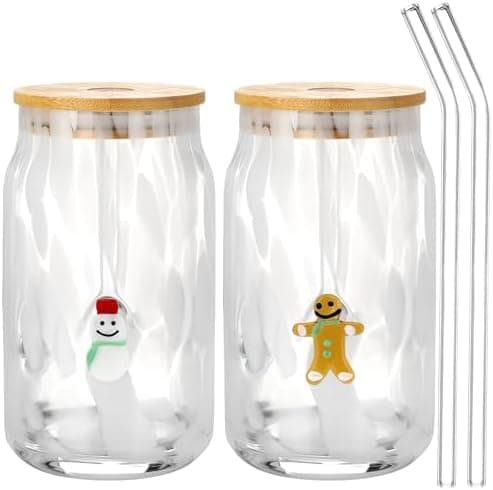 Potchen 2 Pcs Christmas Icon Glass Cups 16.9 oz Gingerbread Man Snowman Glass Cups with Lids and Straws Drinking Glasses Set for Christmas Holiday Gifts Party Home Decor Lovely Gifts
