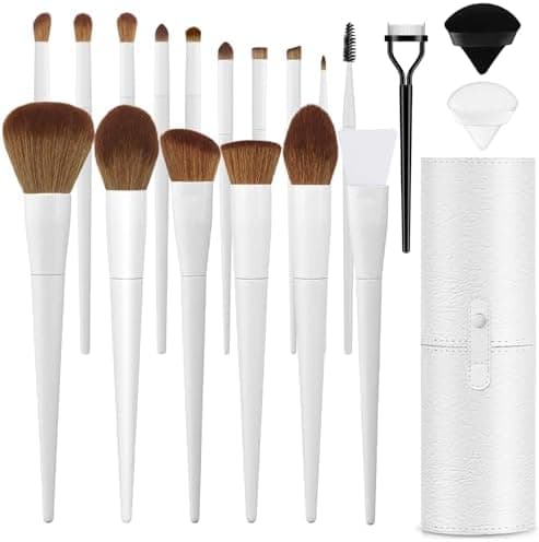 LUXBRU Makeup Brushes With Case 20PCs Professional Makeup Brush Set, Foundation Powder Eyeshadow Brush Set Eyebrow Concealer Contour Travel Brushes Kit with Holder & 2 Powder Puff-White