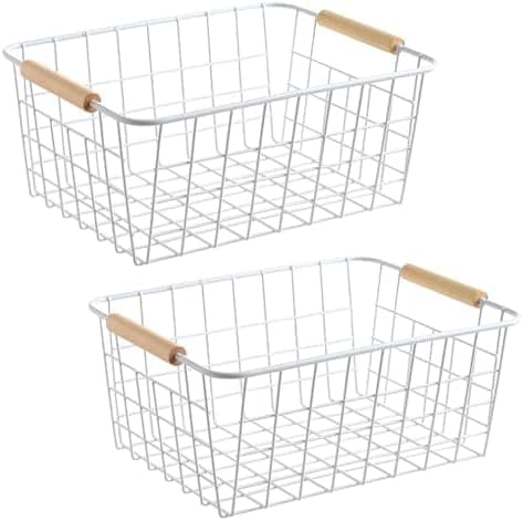 LeleCAT white wire baskets for organizing with Wooden Handles Storage Organizer Baskets, Household snack basket for Cabinets, Pantry, Closets, Bedrooms, pantry organizers and storage - Set of 2（White）