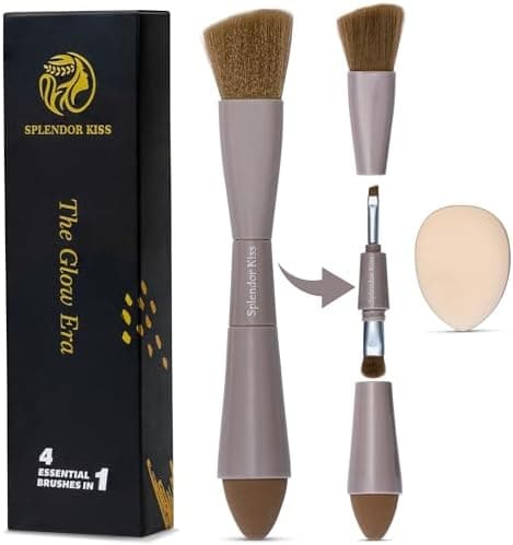 Splendor Kiss 4-in-1 Travel Makeup Brush Set Includes Makeup Sponge, Eyeshadow Brush, Eyebrow/Liner Brush, Blush/Contouring Brush, and Powder Puff come with a bonus for Foundation, Concealer, Eyeshadow, Blush, Contouring and Liner - Professional Quality, Perfect for Travel and Office Use - Vegan, Cruelty free and Latex free.