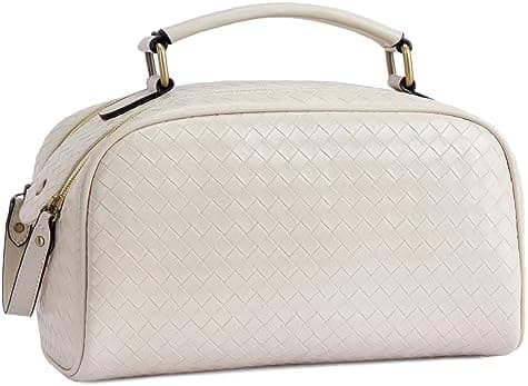 Telena Toiletry Travel Cosmetic Bag - Makeup Organizer for Women Water Resistant PU Leather Bathroom Bag Kit for Traveling, Weave Pattern White