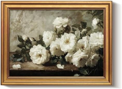Bzstyleart Vintage Wall Art Decor for Living Room, Gold Framed Prints Flowers Wall Art Home Decor Aesthetic, White Rosebush Vintage Botanical, Canvas Picture Print Artwork Gift for Mom, 12 x 16 Inch