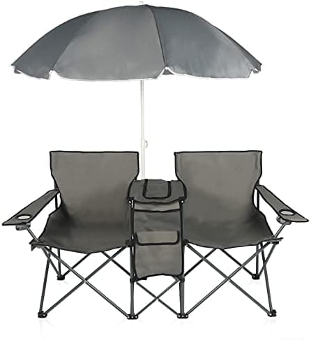 DOALBUN Double Folding Camping Chair W/Umbrella Fold Up Table Beverage Holder Carrying Bag Cooler for Patio Pool Park Outdoor Beach, Picnic, Portable (Grey)