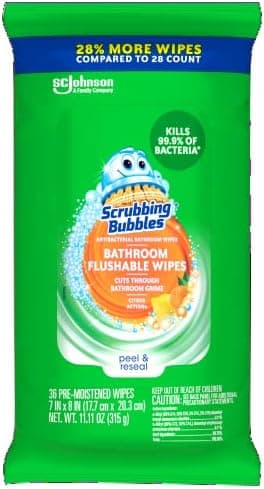 Scrubbing Bubbles Antibacterial Bathroom Flushable Wipes, Flushable and Resealable Cleaning Wipes, Citrus Action, 36 Wipes