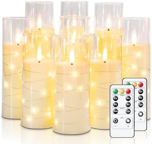 Raycare Flameless Candle with Remote Timer – 9 Flickering Acrylic Battery Operated LED Pillar Candles with Embedded Star String for Valentine's Day, Home Decor, and as a Gift (Ivory)