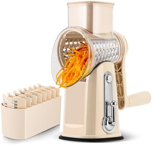 SUSTEAS Rotary Cheese Grater with Handle - Vegetable Shredder with 5 Well-designed Blades & Strong Suction Base,Round Mandoline Slicer & Food Chopper for Kitchen,with Blade Storage Box(Beige)