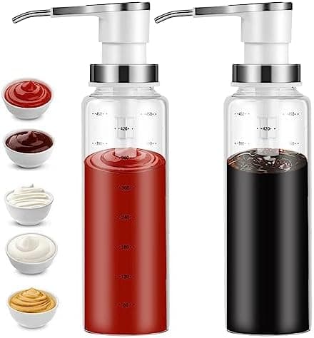 Sauce Pump Dispensers, Coffee Syrup Dispenser, 17 oz Glass Bottle with Stainless Steel Pumps, Leak-Proof, Food Grade Pumps for Honey, Syrups, Oil, Condiments, Salad Dressings (2X Units)
