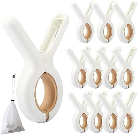 PAMISO 12 PCS Beach Towel Clip, Cloth Pins, Quilt Drying Clip, Plastic Clothespins, Strong Grip Holder to Dry Laundry on Clothesline and Hanging Rack(Small)