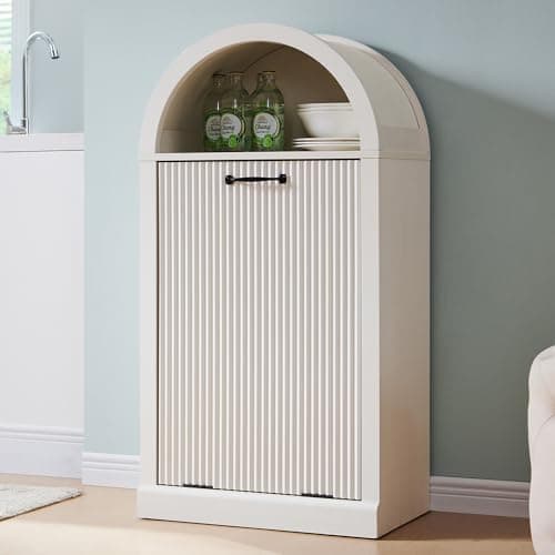 IFGET Arched Tilt-Out Trash Can Cabinet, Fluted 10 Gallon Trash Can with Open Shelf, Modern Laundry Hamper Cabinet, Hidden Garbage Can with Storage Basket for Kitchen, Living Room, White