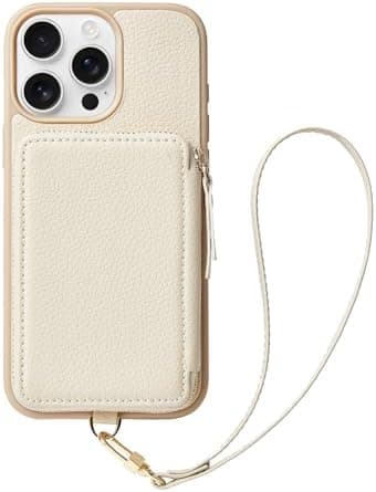 ZVE Compatible with iPhone 16 Pro Case Wallet, Zipper Leather Card Holder with RFID Blocking Detachable Wrist Strap for Women for iPhone 16 Pro, 6.3"-Beige