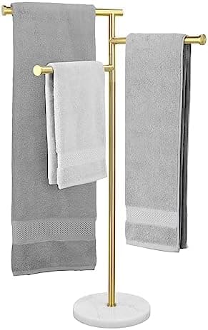 KES Towel Racks for Bathroom, Swivel Arms 40-Inch Free Standing 3 Bath Gold Floor Standing Towel Racks with Weighted Marble Base, SUS304 Stainless Steel Brushed Gold, BTH219-BZ