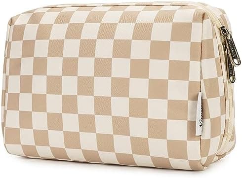 Narwey Checkered Makeup Bag Travel Cosmetic Bag Organizer Toiletry Bag Make Up Bags with Compartments for Women Girls (Large, Light Checkerboard)