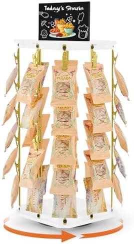 Pinzoveco Chip Rack Display Stand, 5 Tiers 40 Clips Snack Organizer for Office Desk, 360° Rotating Wooden Base Chip Holder Candy Display for Concession Stand, Countertop, Party, With Message Board