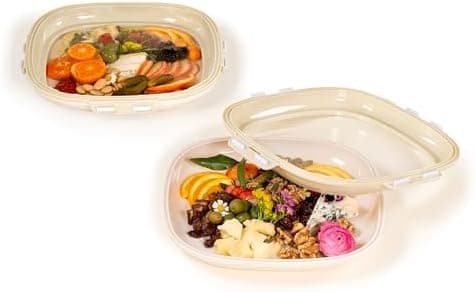 Crudités | Portable Snack Tray | Square 2-Pack | Cream White | Reversible Stretch Lid Food Containers | BPA-Free, Freezer & Dishwasher Safe | Meal-Prep, Charcuterie, Salads, Picnic, Travel