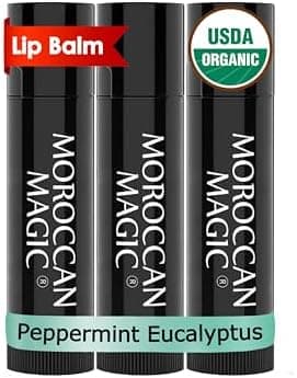 Moroccan Magic Organic Peppermint Eucalyptus Lip Balm 3 Pack | Ultra-Hydrating Argan & Essential Oil Lip Moisturizer + Vitamin E | Natural Mint Chapstick for Dry Lips | Non-Toxic | Organic Lip Balm