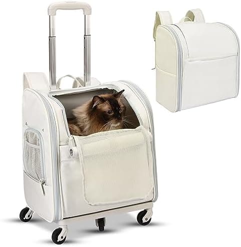 Travel Cat Dog Carrier with Wheel,Rolling Carrier for Cat Dog Bunny Pet,Carrier Backpack Bag,Foldable (White)