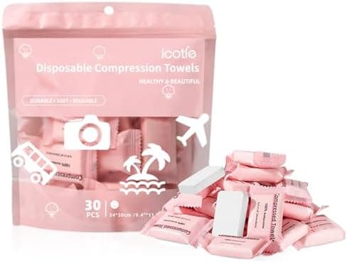 ICOTLE Compressed Towel 30 Pcs Disposable Compressed Face Towel Portable Cotton Coin Tissue Camping Towel for Travel/Home/Outdoor Activities