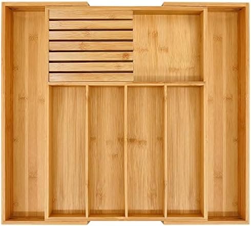 VaeFae Bamboo Silverware Drawer Organizer Kitchen, Expandable Utensil Organizer with Knife Block, Cutlery Tray with Divider, Multifunctional Drawer Organizer