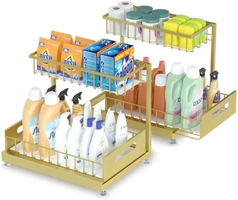 Saydear Under Sink Organizer Storage 2-Tier Premium Metal Pull-Out Kitchen Cabinet Organizer with Sliding Drawer, Height Adjustable, Heavy Duty for Kitchen & Bathroom Organizers 2 Pack Gold
