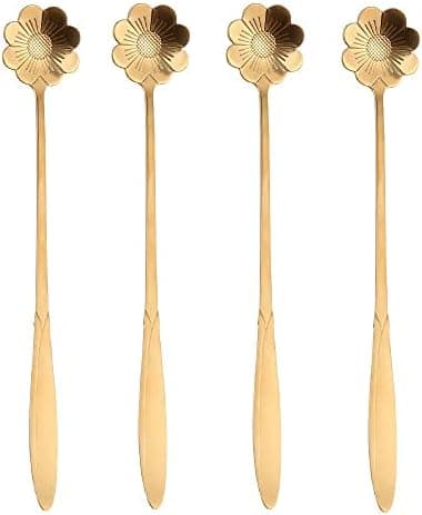 16 Pieces Flower Coffee Teaspoon 7 Inch Stainless Steel Long Handle Stir Bar Ice Cream Spoon Gold Cosmos Flower Shaped