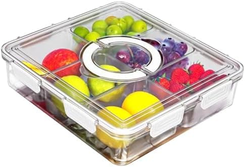 1PC Extra Large Fruit Storage Containers for Fridge - Portable Picnic Parties Snackle Box Veggie Tray - Divided Serving Tray with Lid and Handle - Berry Candy Food Snack Organizer Travel - 1PC