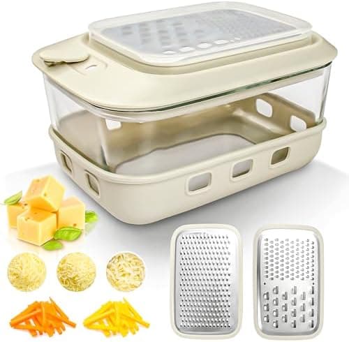 1.4QT Glass Cheese Storage Container with Airtight Lid & Stainless Steel Grater, Leak-Proof Food Storage Bowl with Non-Slip Silicone Base,BPA-Free Dishwasher & Freezer Safe for Butter Cheese Vegetable