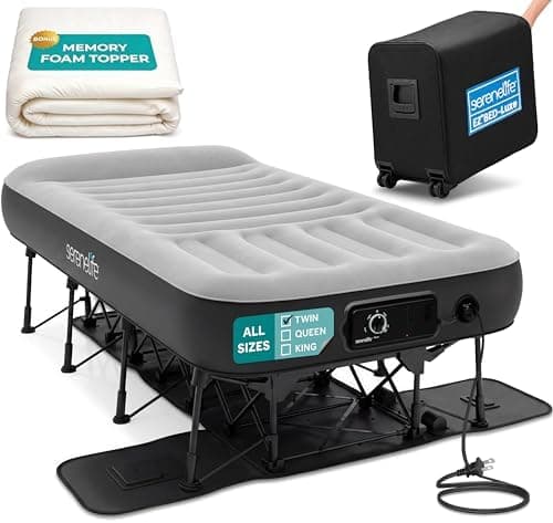 SereneLife (Twin) EZ Bed Luxe Air Mattress with Frame and Rolling Case - Luxury Series with Bonus Memory Foam Cover, Constant Comfort Pressure Maintaining Pump, Built-in Headrest, Wall Plug AC